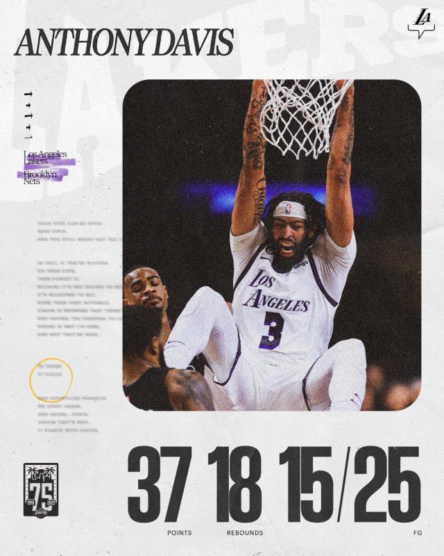 360体育-37+18锤爆篮网内线！浓眉一柱擎天取下湖人第三胜